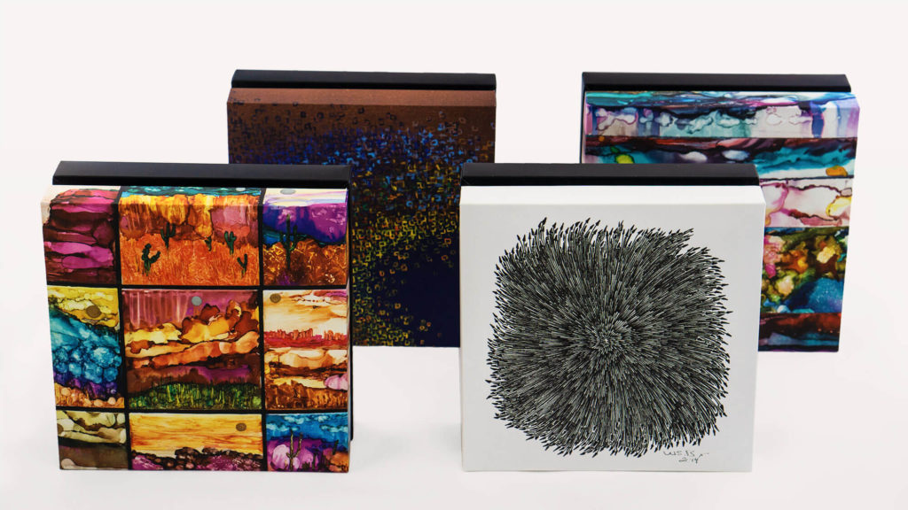 "Arizona Moons" by Alene Sirott-Cope(bottom left), "Migration" by Aneliya Kostova (top left), "Untitled" by Scott Brenner (bottom right), "Sea Ventures" by Alene Sirott-Cope(top left)