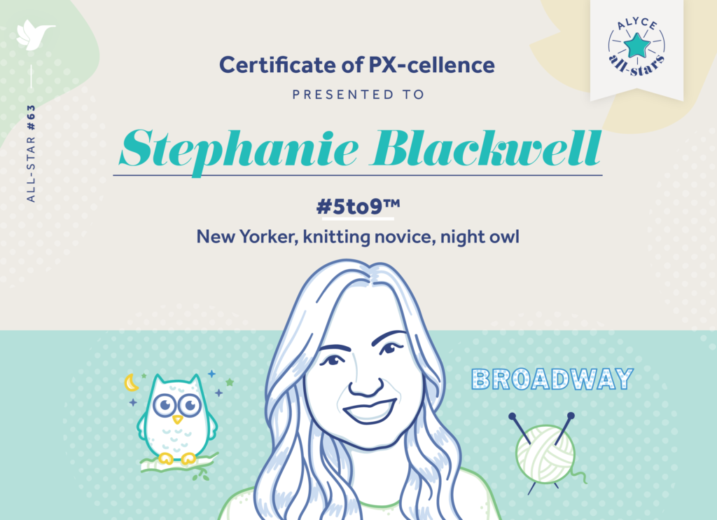 Stephanie Blackwell, New Yorker, knitting novice, and night owl. 