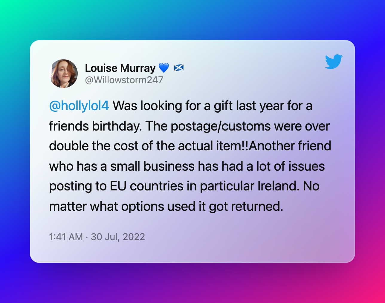 Louise Murray on shipping gifts internationally and postage fees.