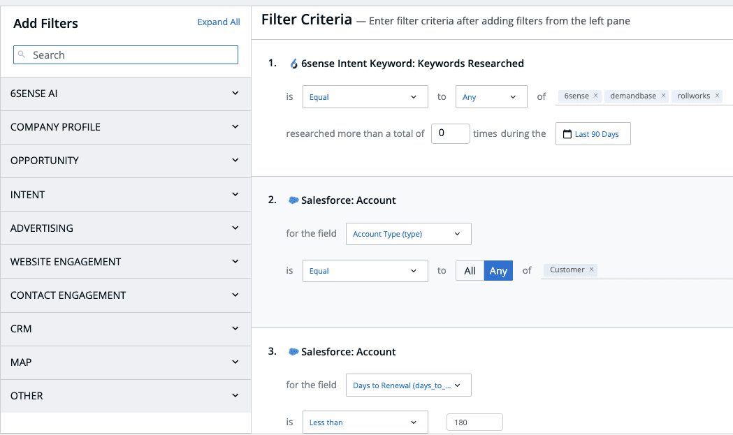 6sense Filter Criteria - Keywords and Customer Account Status (Salesforce)