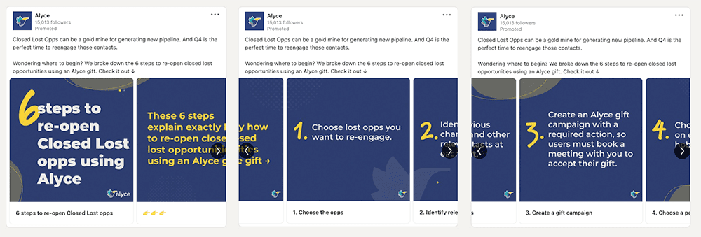 Alyce uses LinkedIn carousel ads to educate on sales and marketing tips.
