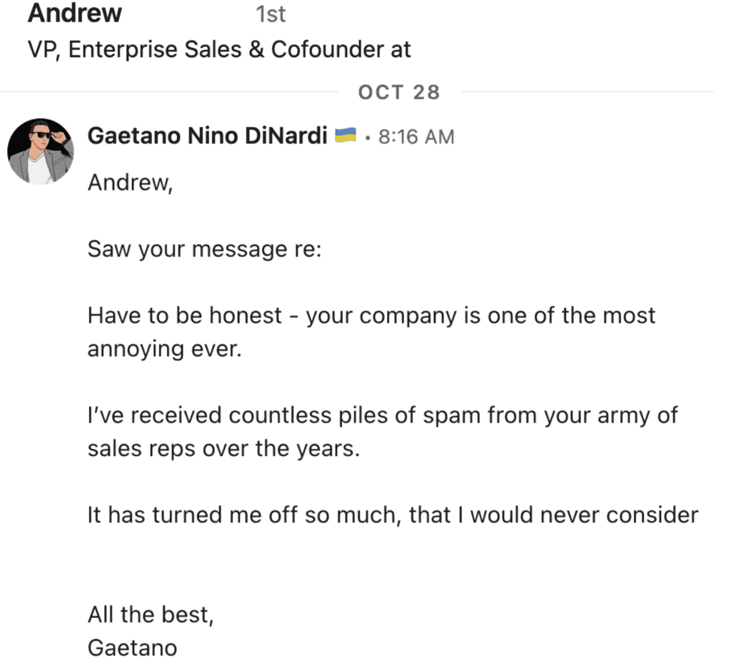 The real-life response I sent to a VP of Sales after receiving a cold DM on LinkedIn.