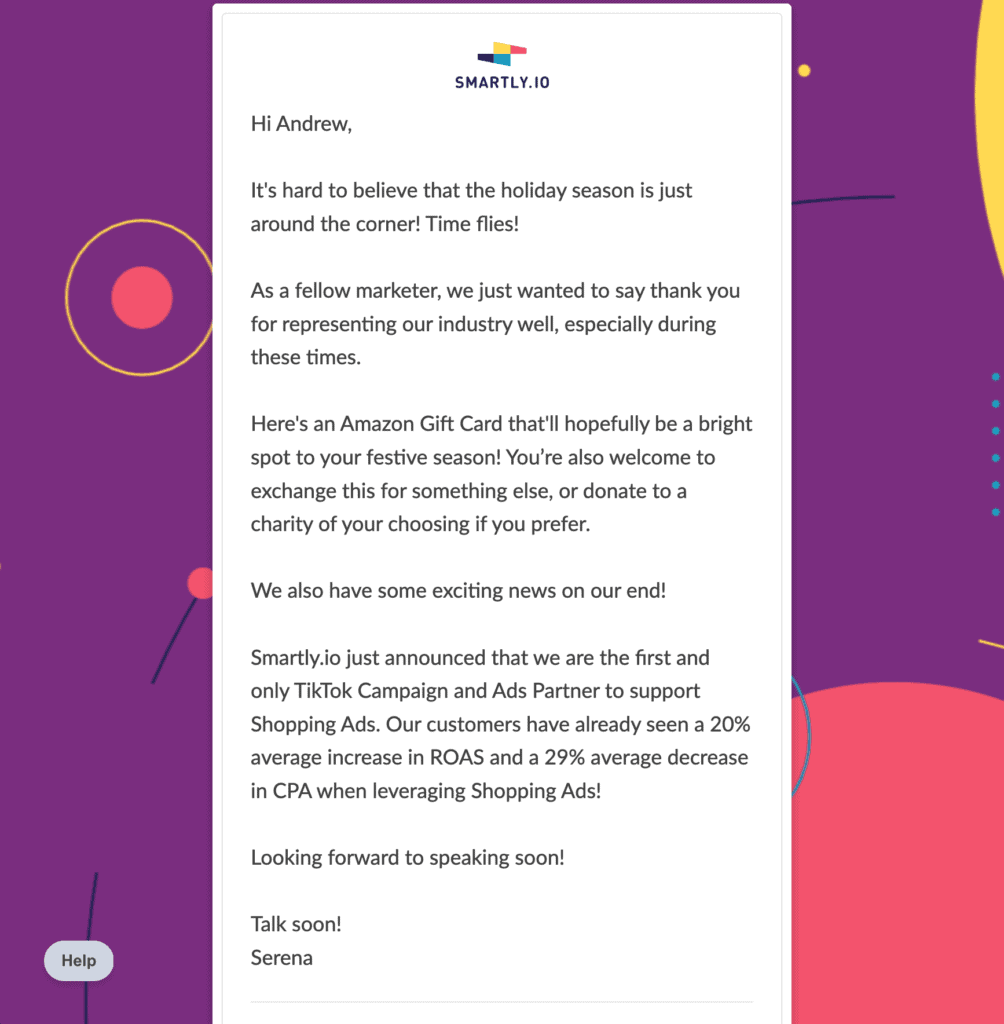 Gifting email template example from Smartly.io.