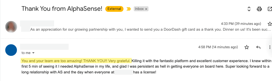 An excited response after sending a DoorDash gift card to a new customer.