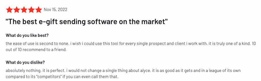 Five-star review: The best e-gift sending software on the market (posted on G2)
