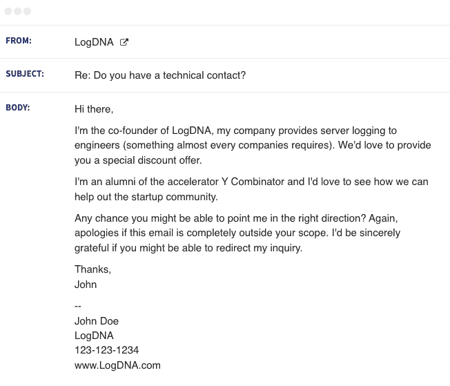 Prospecting email example from LogDNA (GoodSalesEmails)
